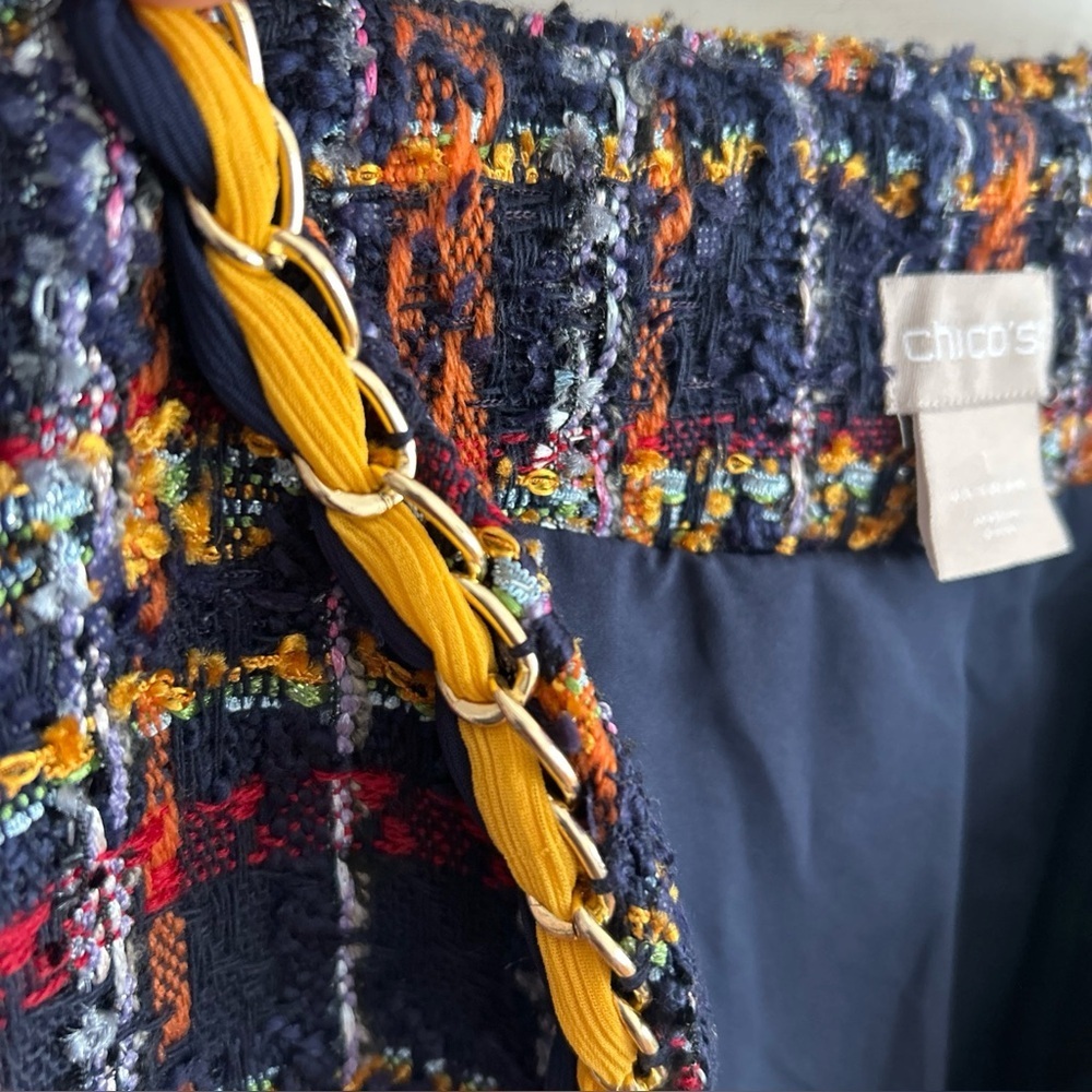 Vintage Chicos Tweed Multicolor Preppy Holidays Chain Open Coat Size 1 - Picture 5 of 12